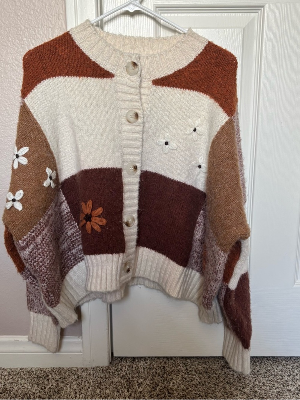 Anthropology Luna Ivy Embroidered Floral Colorblock Knit Cardigan Cottagecore